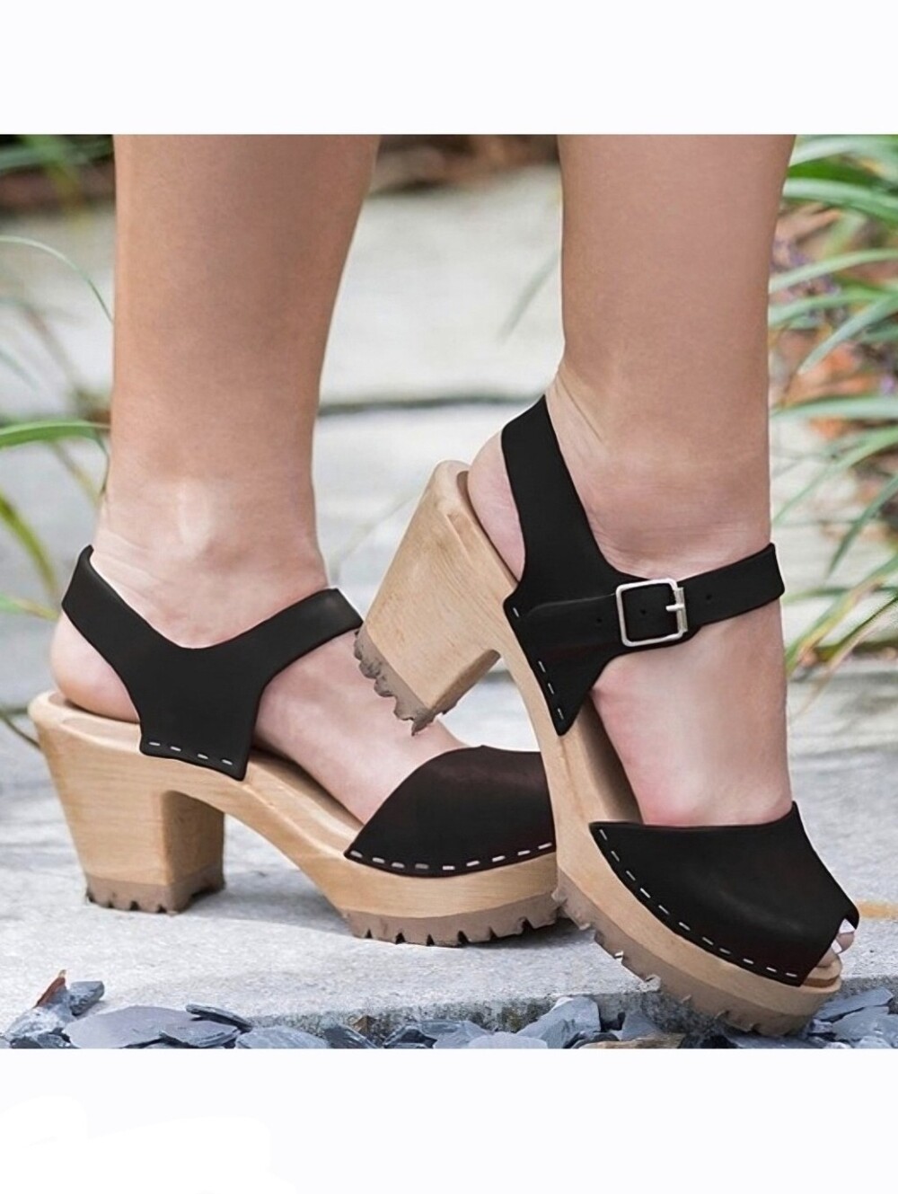 MIA Greta Clogs Black Leather Peep Toe Ankle Strap Platform Sandals